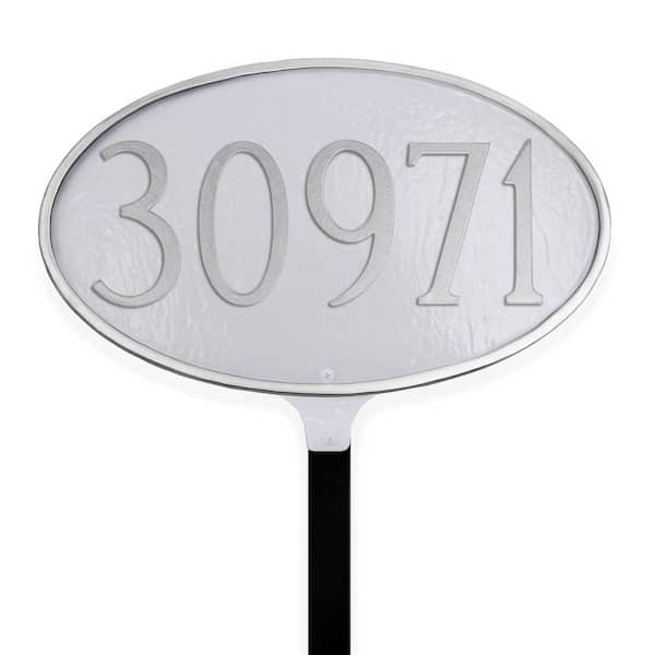 Classic Oval Standard Address Sign Plaque with Lawn Stake - White/Silver