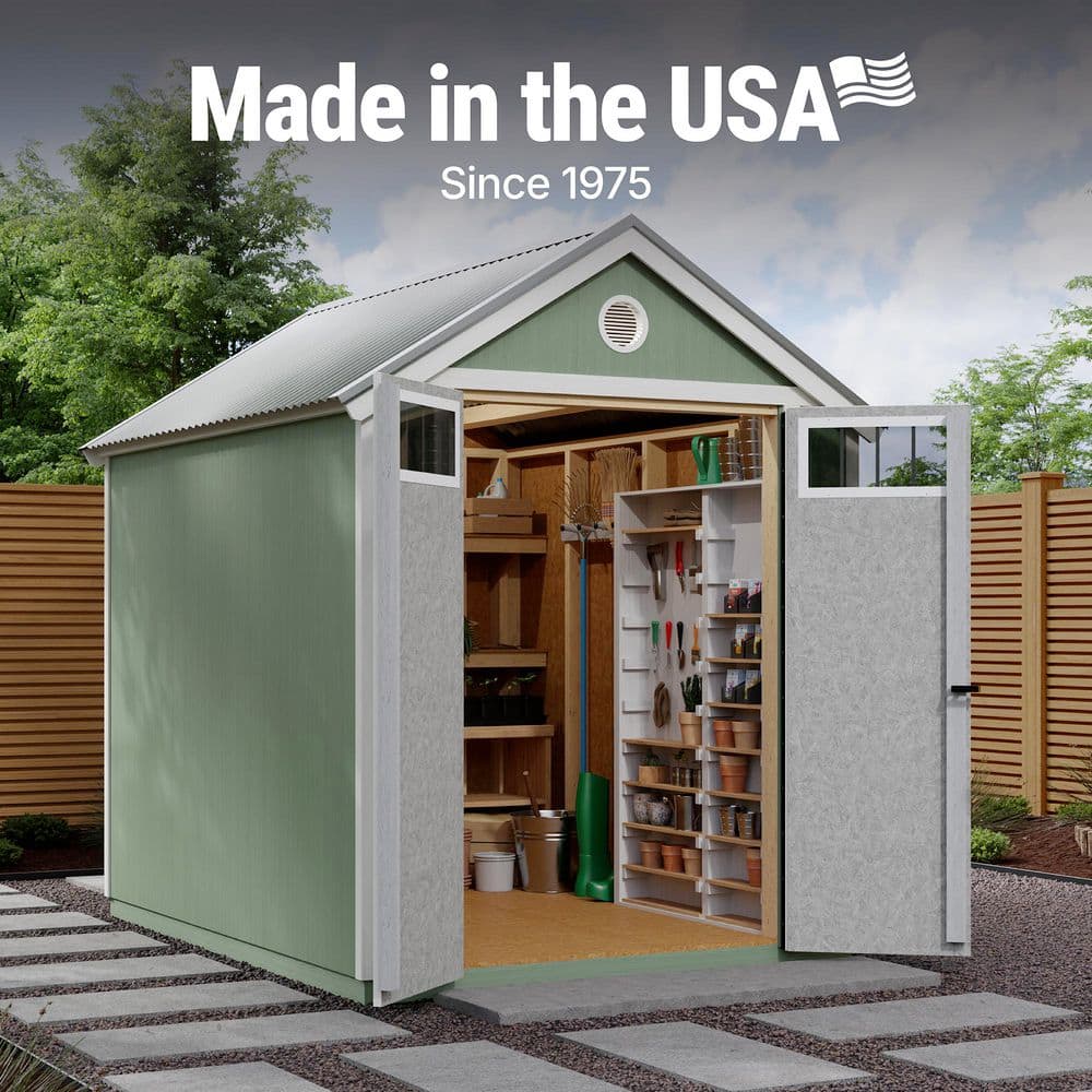 Gray 6' x 8' Wooden Garden Shed with Metal Roof and Shelving