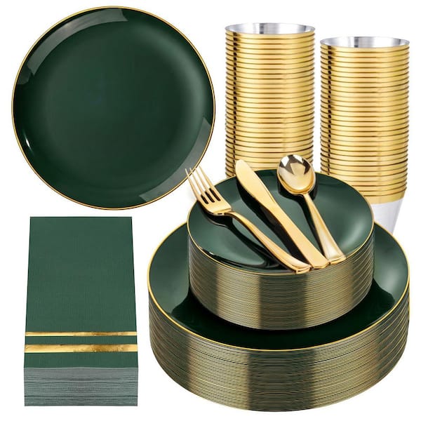 Plastic Green and Gold Disposable Dinnerware Set for 50 Guests, 350-Piece Party Plates, Cups, Napkins and Silverware