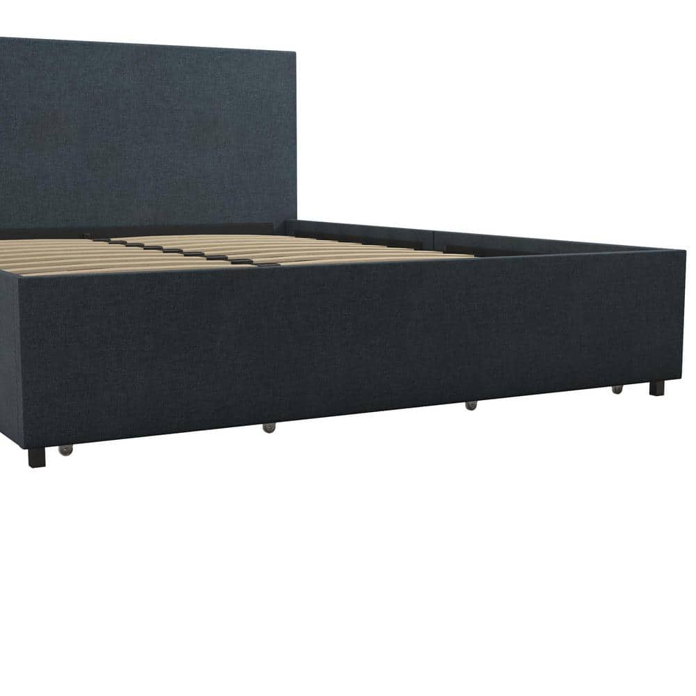 Elegant Navy Blue Linen Queen Storage Bed with Upholstered Headboard