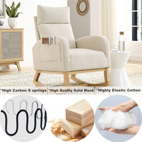 Nursery Rocking Chair with Solid Wood Legs, Glider Chair for Nursery with  Two Side Pockets, Rocker Armchair for Living Room Bedroom (Ivory White