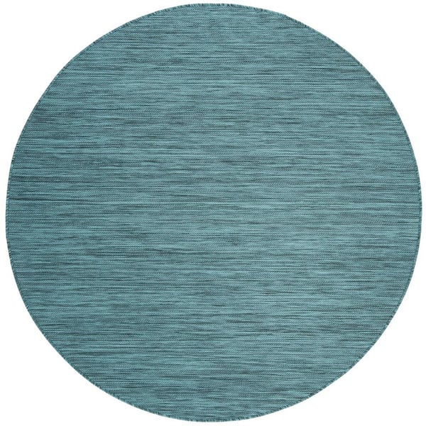 SAFAVIEH Beach House Turquoise 4 ft. x 4 ft. Solid Striped Indoor/Outdoor Patio  Round Area Rug