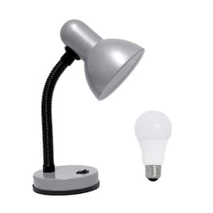 14.25 in. Silver Basic Metal Desk Lamp with Flexible Hose Neck, with LED Bulb