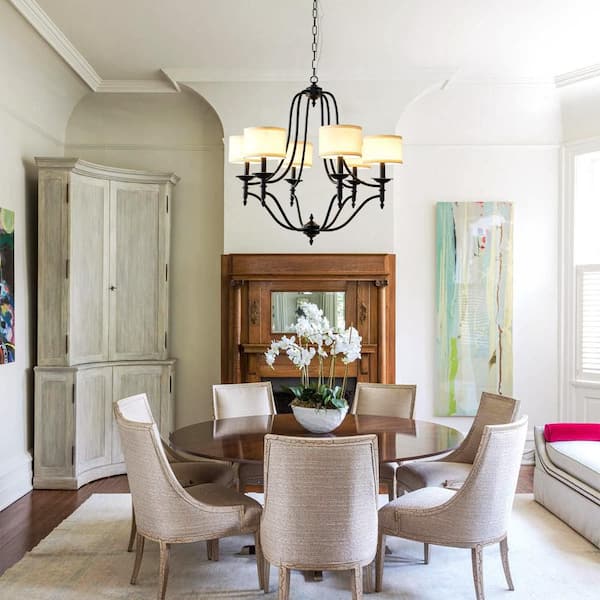 Cypress 6 Light Matte Black Modern French Luxury Chandelier, Adjustable Height Fabric Chandelier for Living Room, Dining