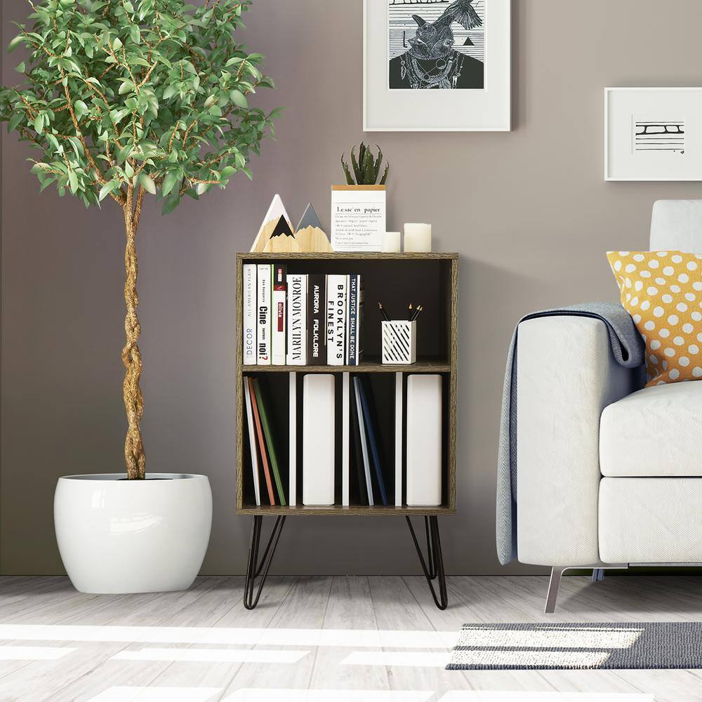Walnut Wood Record Player Stand with Metal Legs and Storage Shelf