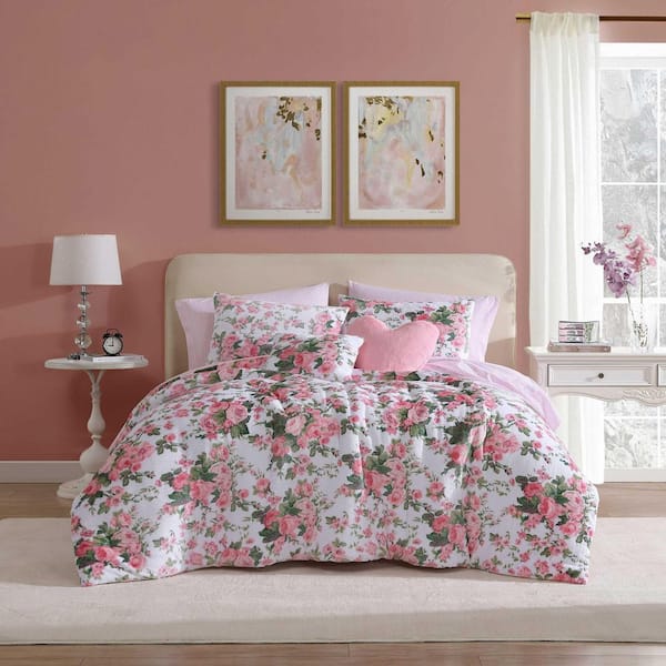 BETSEY JOHNSON Vintage Floral 4-Piece Pastel Pink/Purple Plush Polyester Twin Comforter Set