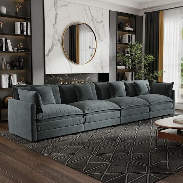 HEAT 146.5 in. Track Arm 4-Piece Chenille Sectional Sofa with Free Combination and Plush Cushions in Graphite Gray