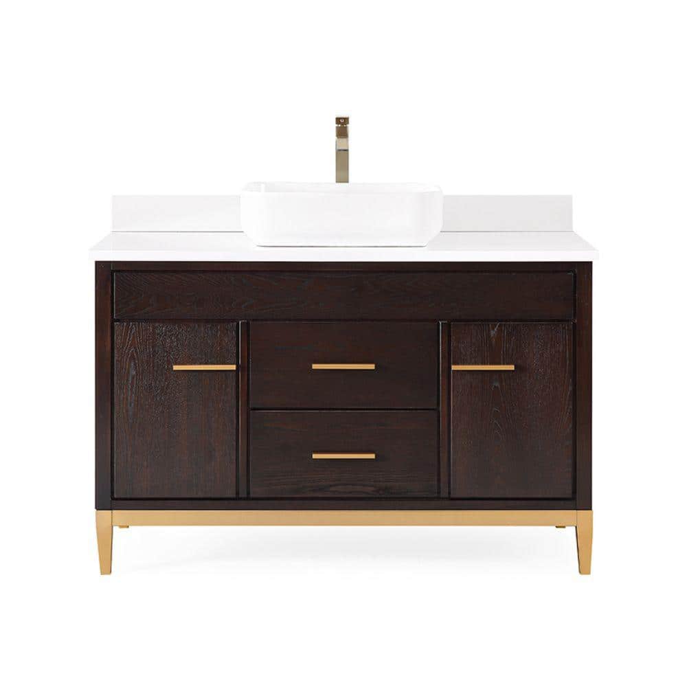 48" Espresso Wood Vanity with White Quartz Top and Gold Accents