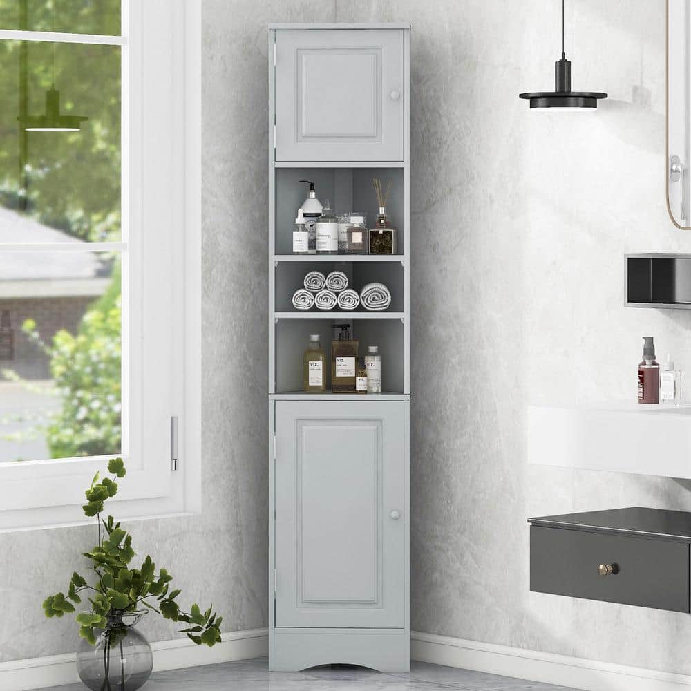14.6 in. W x 9.4 in. D x 66.9 in. H Triangle Gray MDF Freestanding Linen Ca