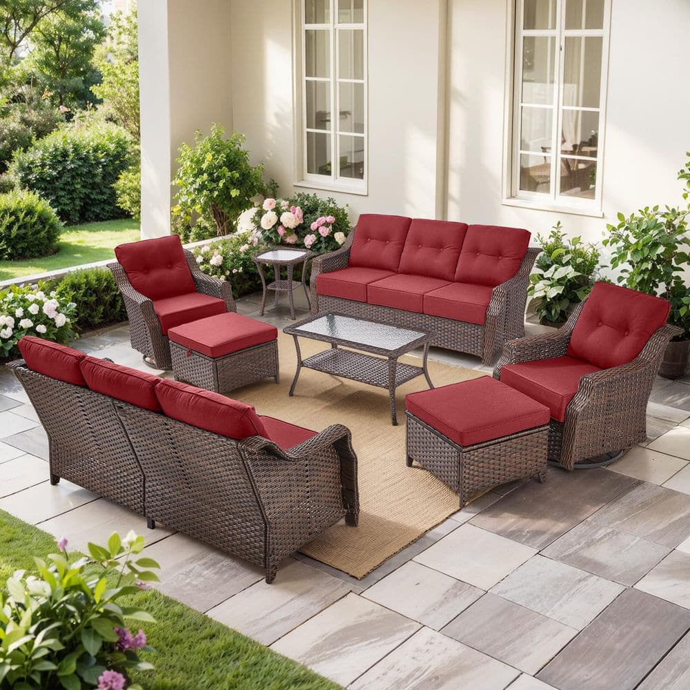 Modern Farmhouse 8-Piece Brown Wicker Patio Conversation Set with 6 In. Red Cushions/3-Seat Sofa with Swivel Chairs price history on PriceWatchPro