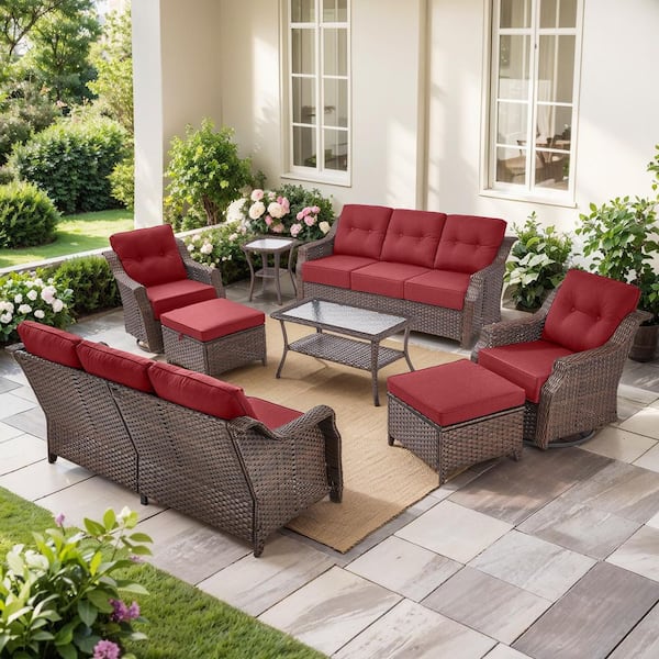 Modern Farmhouse 8-Piece Brown Wicker Patio Conversation Set with 6 In. Red Cushions/3-Seat Sofa with Swivel Chairs