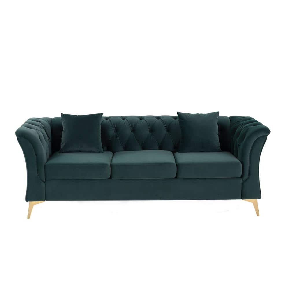 Modern 83.9 in. W Chesterfield Rolled Arms Fabric Curved Straight Sofa 3-Seat Button Loveseat with Metal Legs in Green