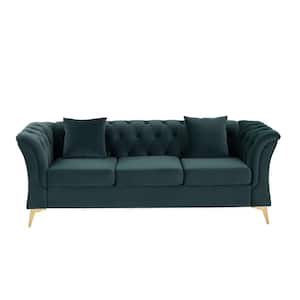 Modern 83.9 in. W Chesterfield Rolled Arms Fabric Curved Straight Sofa 3-Seat Button Loveseat with Metal Legs in Green
