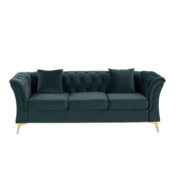Unbranded Modern 83.9 in. W Chesterfield Rolled Arms Fabric Curved Straight Sofa 3-Seat Button Loveseat with Metal Legs in Green