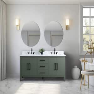 60 in. W x 22 in. D x 34 in. H Double Sink Bathroom Vanity Cabinet in Vintage Green with Engineered Marble Top in White
