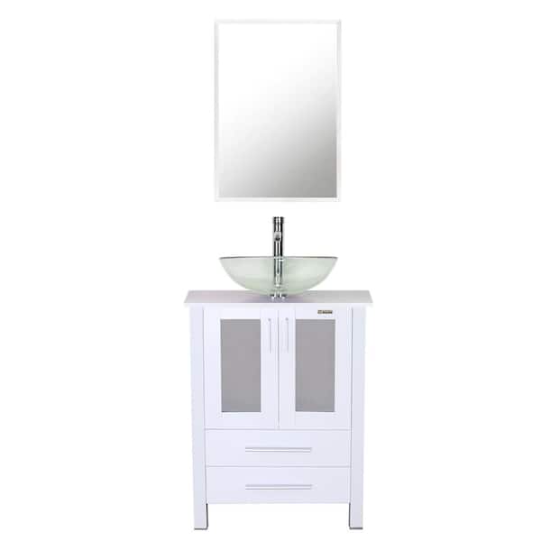 eclife 24 in. W x 20 in. D x 32 in. H Single Sink Bath Vanity in White with Clear Vessel Sink Top Chrome Faucet and Mirror