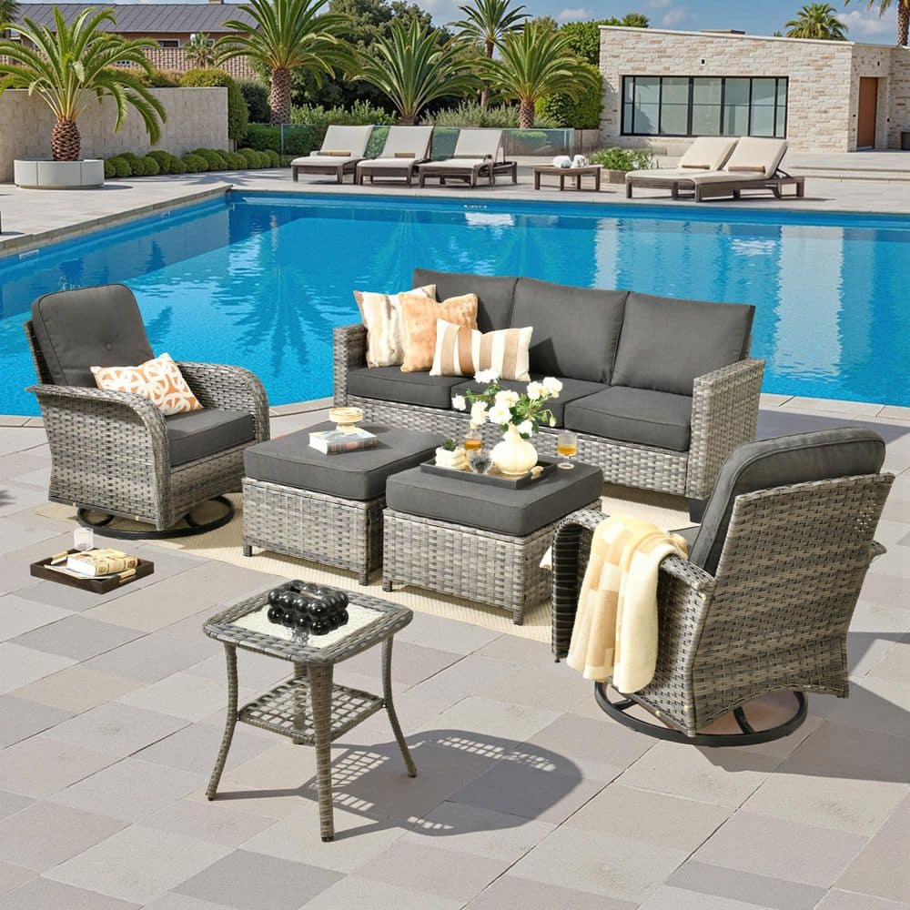 Elysia Gray 6-Piece Wicker Outdoor Sectional Patio Conversation Set with Black Cushions Rocking Chairs and Ottomans price history on PriceWatchPro