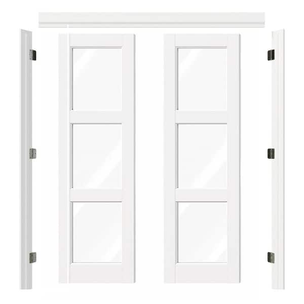 48 in. x 80 in. 3-Lite Clear Glass White Primed Pine Wood Universal Pre-hung French Door with Quick Assemble Jamb