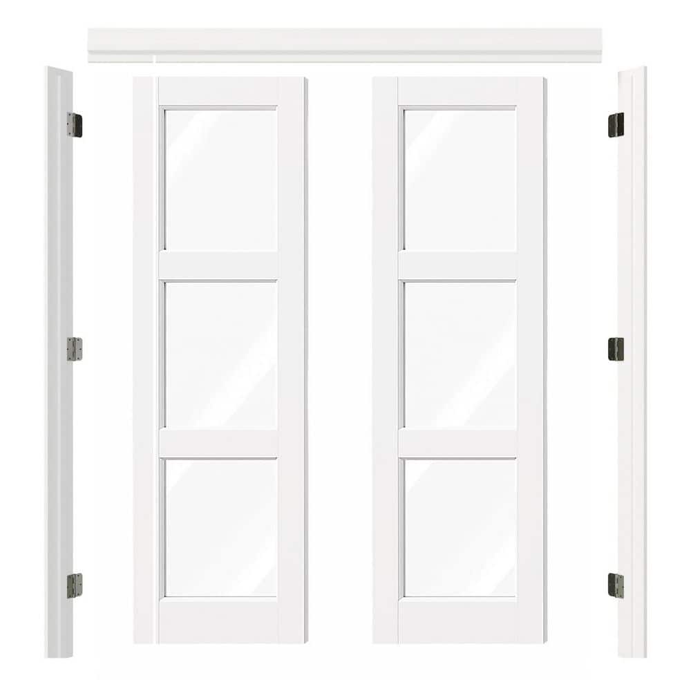 48 in. x 80 in. 3-Lite Clear Glass White Primed Pine Wood Universal Pre-hung French Door with Quick Assemble Jamb price history on PriceWatchPro