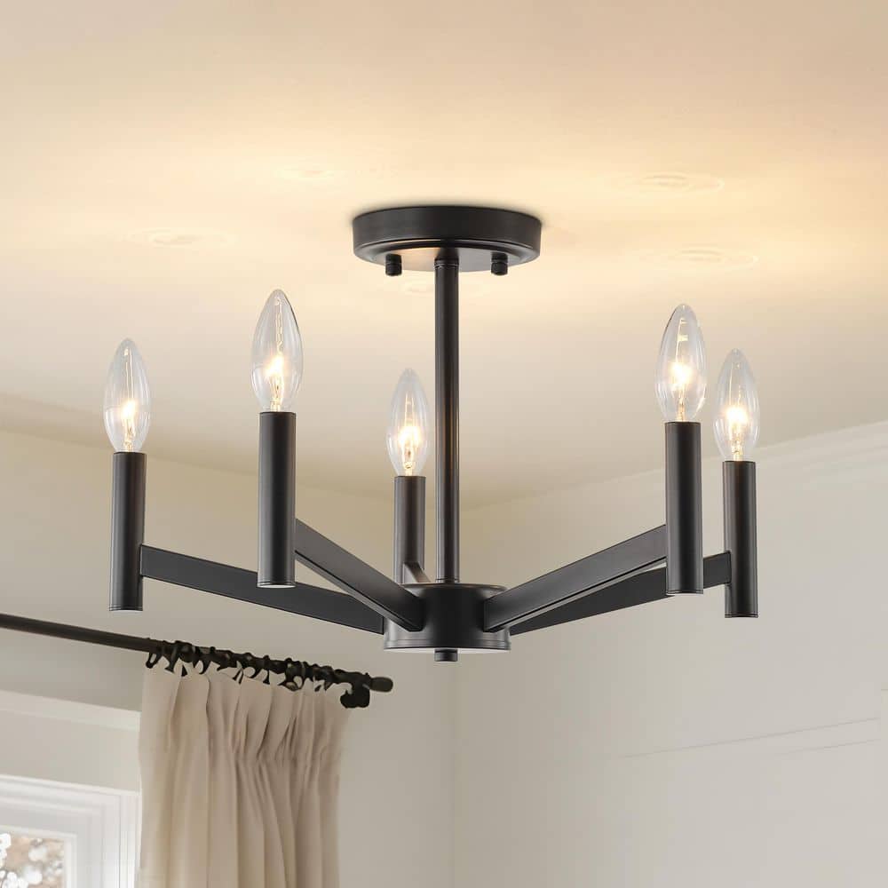 TinHon Modern Matte Black 5-Light Semi Flush Mount Ceiling Light, Farmhouse Chandelier with E12 Base for Dining Room