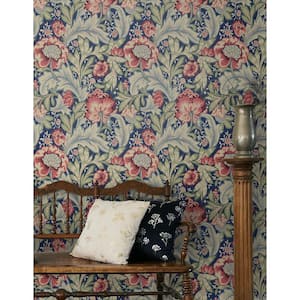 Marine Blue and Watermelon Acanthus Garden Unpasted Nonwoven Paper Wallpaper Roll 57.5 sq. ft.