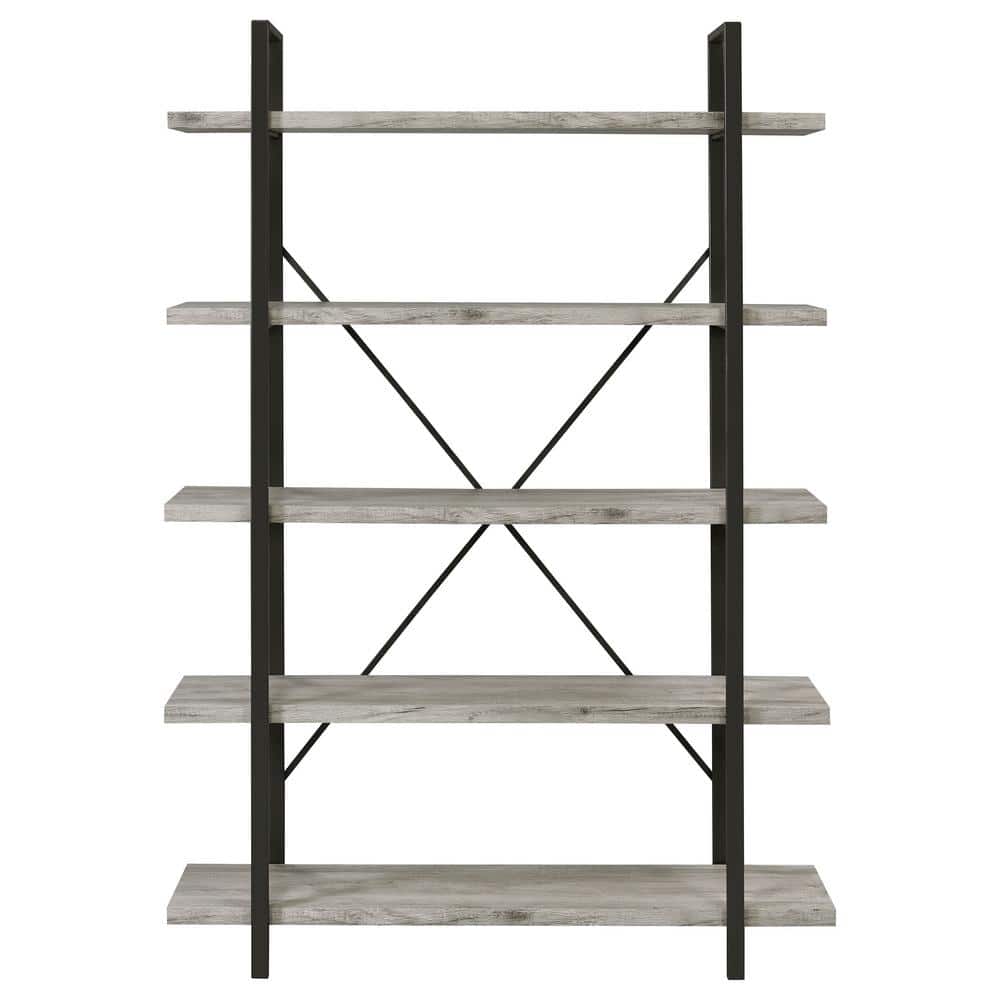 70" Gray Driftwood and Gunmetal 5-Shelf Bookcase