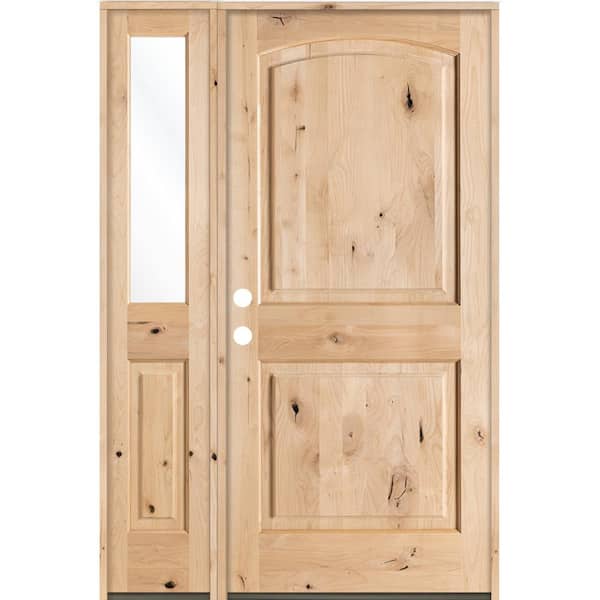 Krosswood Doors 44 in. x 80 in. Rustic Unfinished Knotty Alder Arch-Top Right-Hand Left Half Sidelite Clear Glass Prehung Front Door