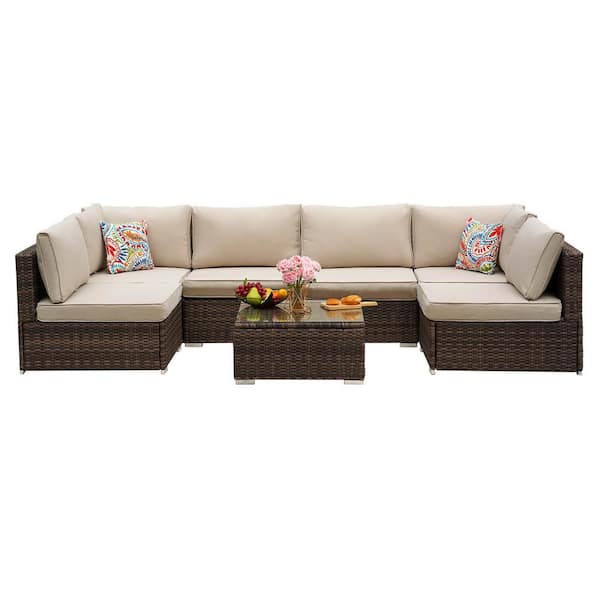 Tenleaf 7-Piece Brown Wicker Patio Conversation Set with Beige Cushions