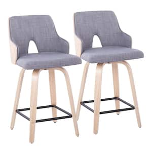 Stella 24 in. Light Grey Fabric, Natural Wood and Black Metal Fixed-Height Counter Stool with Square Footrest (Set of 2)