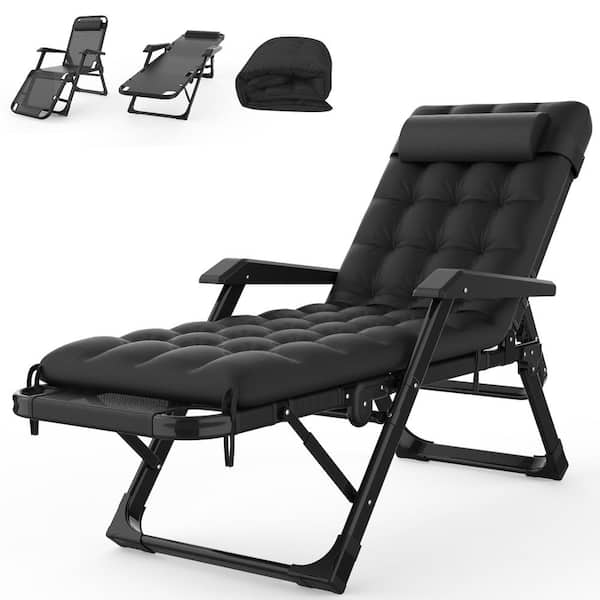 SEEUTEK Koepp 29 in. W Black Metal Outdoor Patio Chaise Lounge Reclining Folding Cot with Removable Cushion and Padded Headrest
