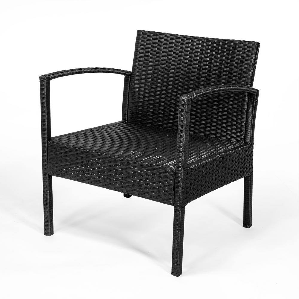 Black Steel Frame 3-Piece Patio Set with Beige Cushions and Glass Table