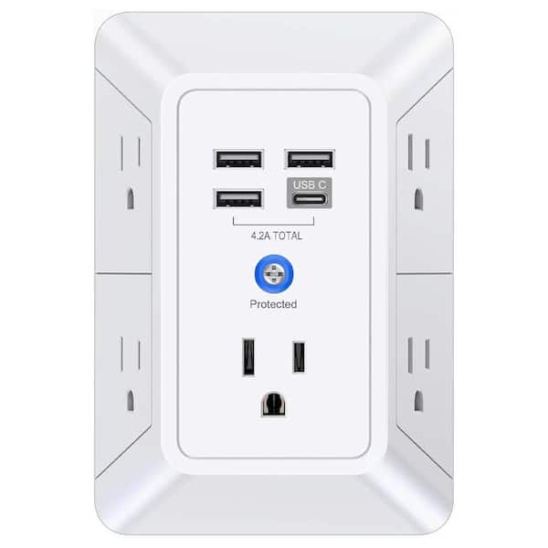 5-Outlet Extender with 4 USB Charging Ports (1 USB C), 3-Sided 1680J Surge Protector for Home, Office, ETL Listed, White