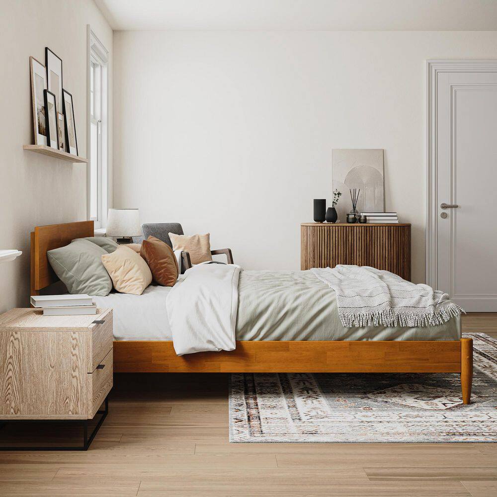 Aria Light Toffee Queen Wood Platform Bed with USB Ports