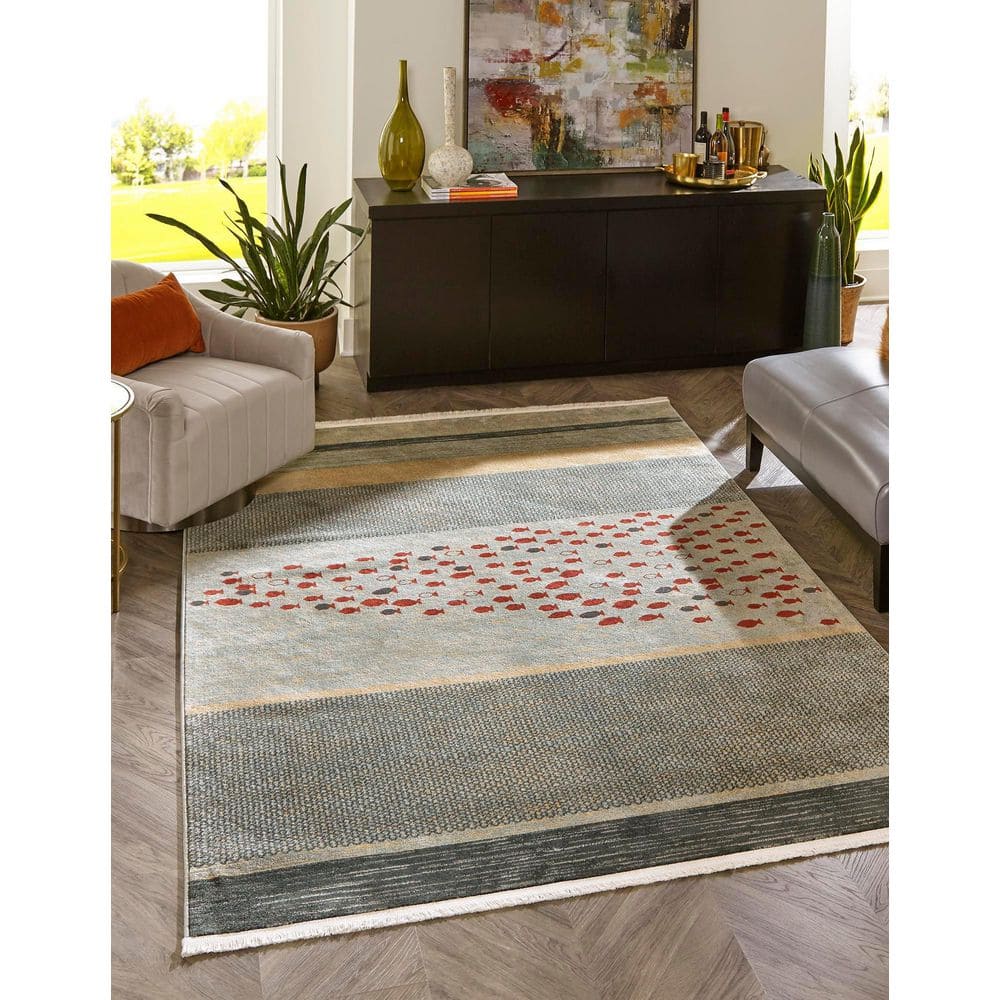Modern Kashkuli Gabbeh 8'x10' Blue Stripe Polypropylene Area Rug