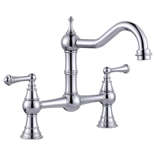 Brass 8 in. Double Handle Bridge Kitchen Faucet with 2-Aerators, Brass Valve and Supply Lines in Polished Chrome