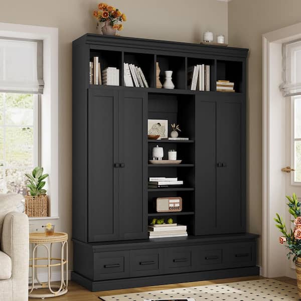 Black Freestanding Hall Tree with Bench and 5 Storage Cubbies