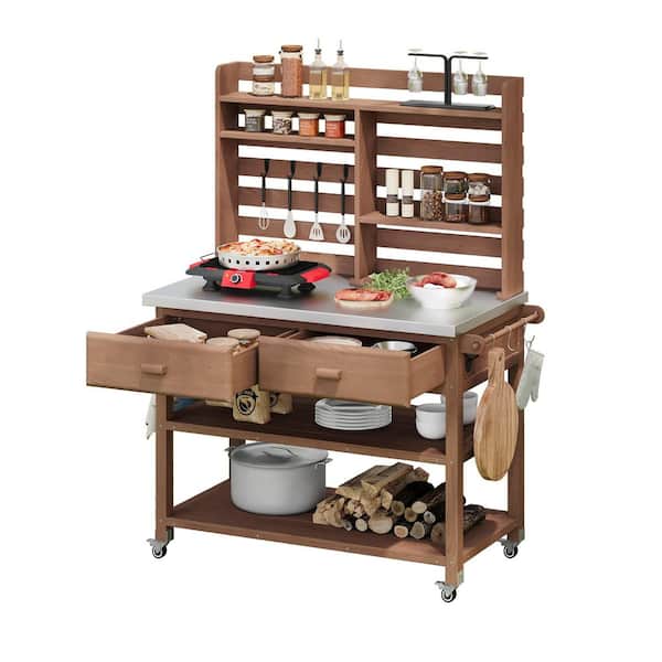 Unbranded - 47.5 in. W x 64.9 in. H Brown Potting Bench with Stainless Steel Top, Lockable Wheels and Drawers (52 in. Pack Length)