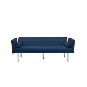 68.5 in Wide Square Arm Modern Velvet Accent Straight Sleeper Sofa With Metal Silver Leg For Living Room in Navy Blue