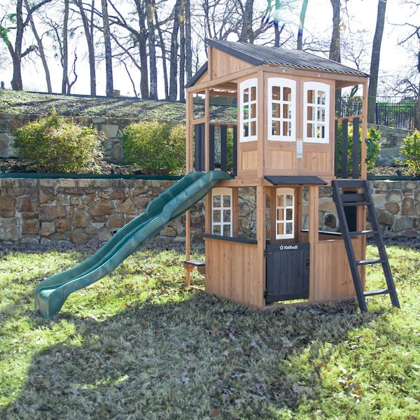 DIY Cliffbrook Wooden Outdoor Playhouse with Two-Stories, Slide, Balcony, Climbing Ladder, Chalkboard, and Windows