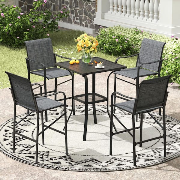 5-Piece Black Metal Square Outdoor Bistroor Set with Gray Chair for Lawn Garden