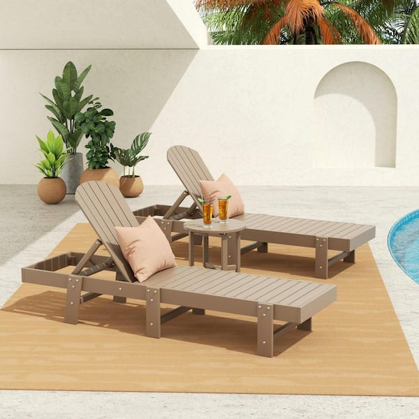 WESTIN OUTDOOR Altura 3PC Outdoor Patio Classic Adjustable Adirondack Backrest Chaise Lounge and Round Side Table Set, Weather Wood