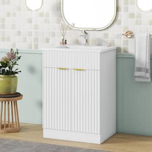 24 in. W Modern Single Sink Fluted Bath Vanity in White with White Ceramic Vanity Top