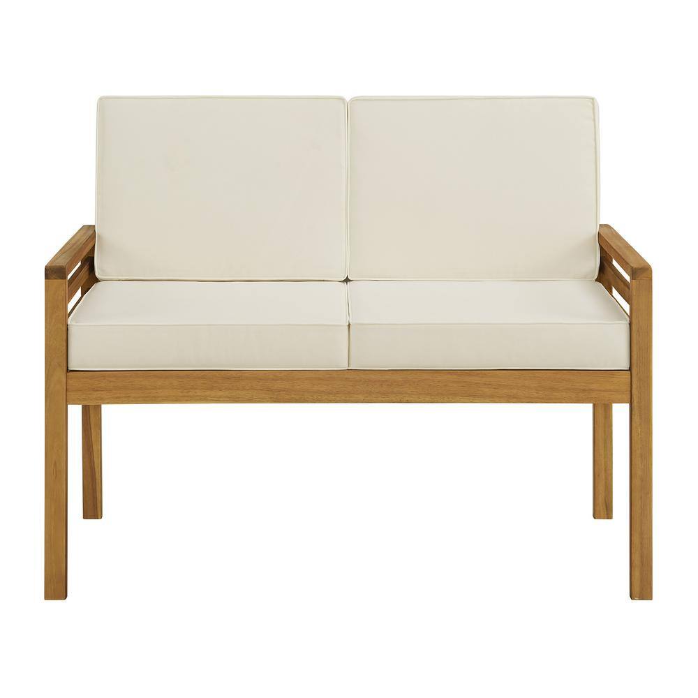 Natural Wood Two-Seater Outdoor Bench with Cream Cushions