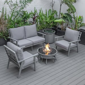 Walbrooke Grey 5-Piece Aluminum Round Patio Fire Pit Set with Grey Cushions and Tank Holder