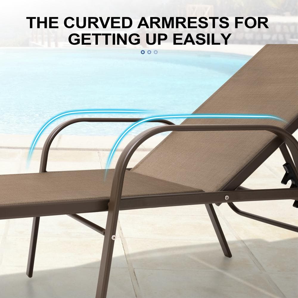Brown Aluminum Adjustable Outdoor Chaise Lounge Set with Arms