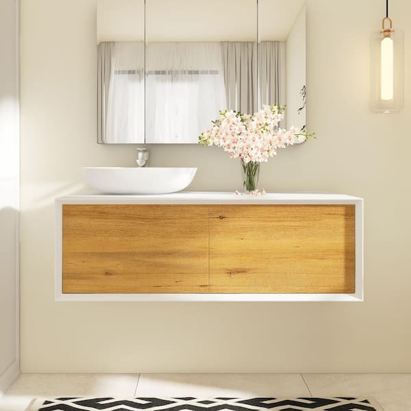Boosicavelly 48 in. W x 21 in. W x 15.7 in. H Single Sink Wall-Mounted Bath Vanity in White Brown with White Solid Surface Top