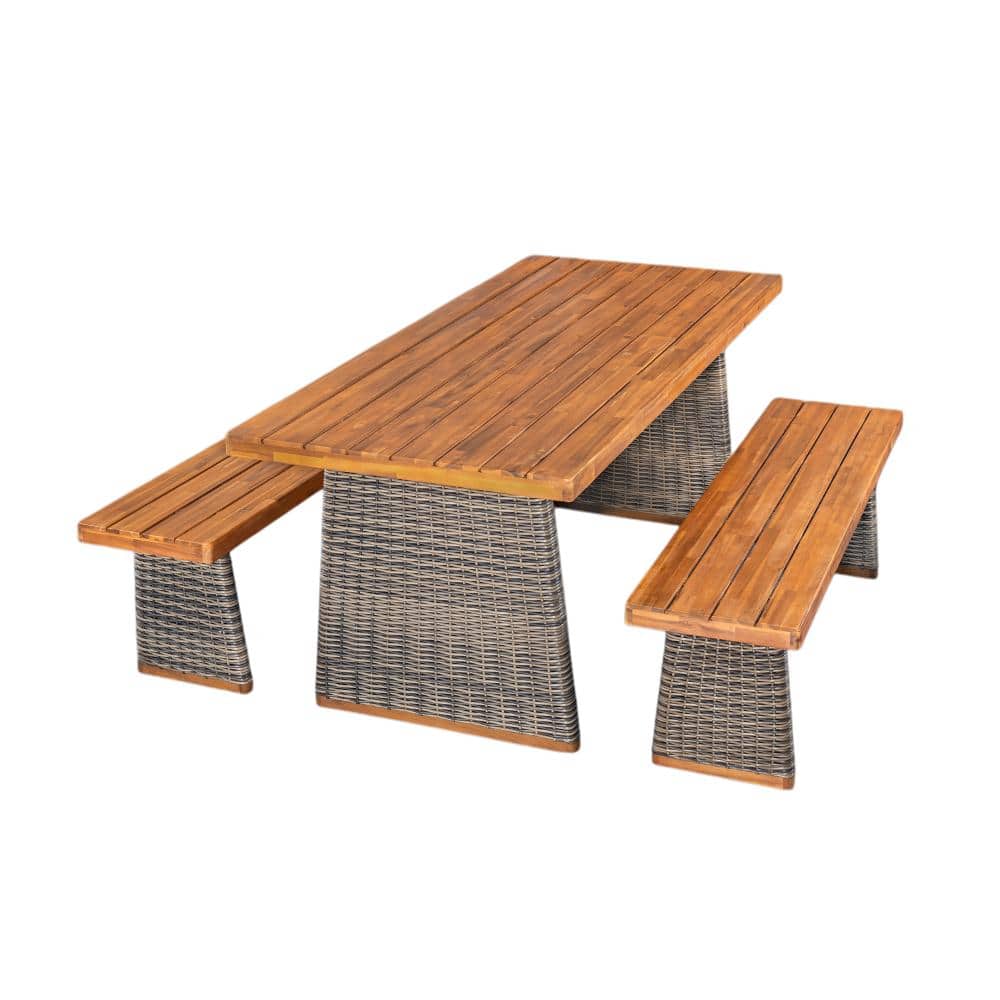 70 in. W x 31.5 in. D x 29.5 in. H Grey Outdoor 3-Piece Acacia Wood Dining Set with Handwoven Rattan Legs price history on PriceWatchPro