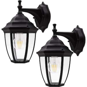 Black Outdoor Hardwired Porch Wall Lantern Sconce with Light Bulbs - 2 Pack