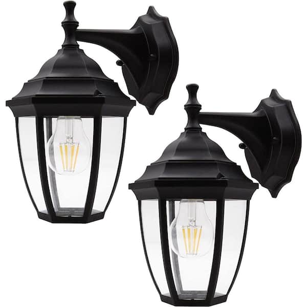 Black Outdoor Hardwired Porch Wall Lantern Sconce with Light Bulbs (2-Pack)
