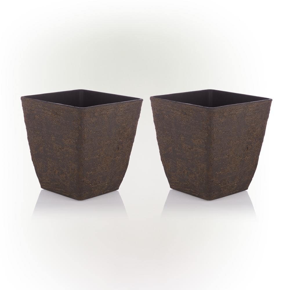 Medium Brown Indoor/Outdoor Stone-Look Resin Squared Planter (Set of 2) -  Alpine Corporation, CLL386M-SWD-2